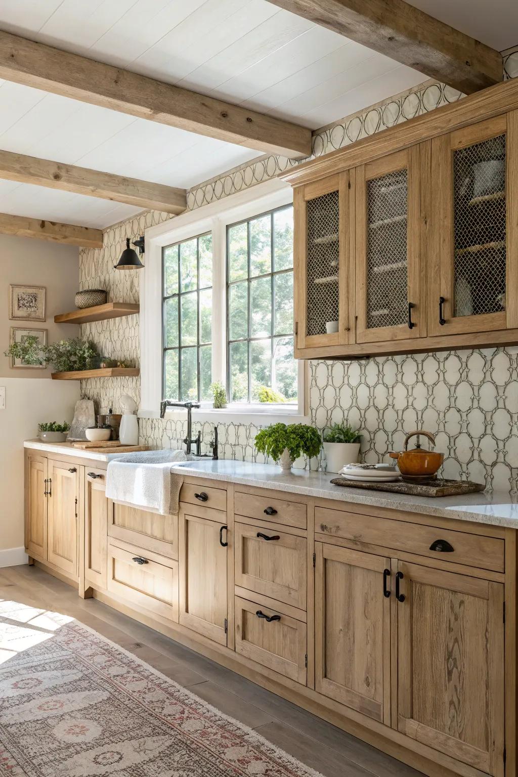 Textured backsplash adds depth to a kitchen with light wood cabinets.