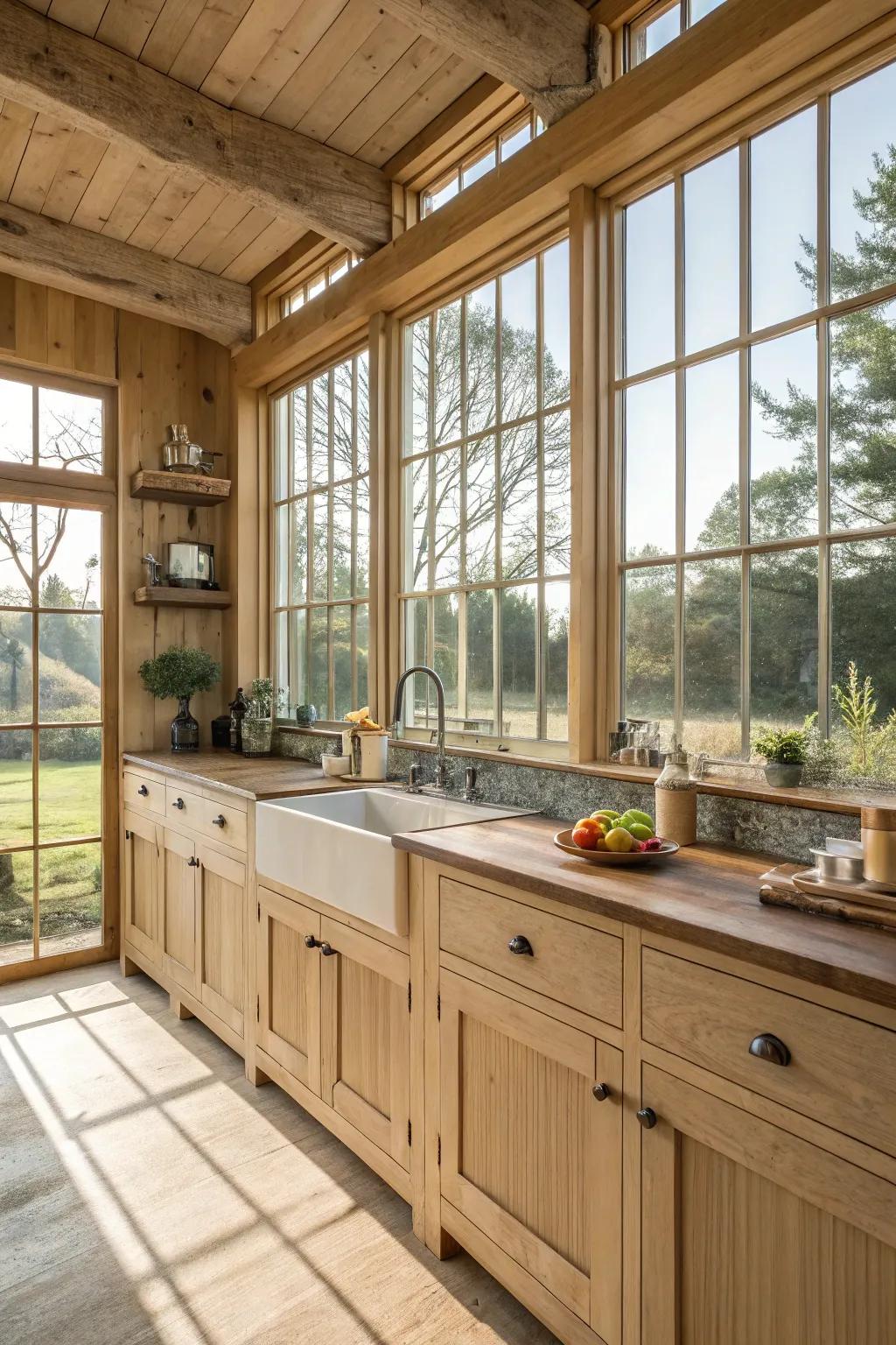 Farmhouse kitchen illuminated by natural light through large windows.