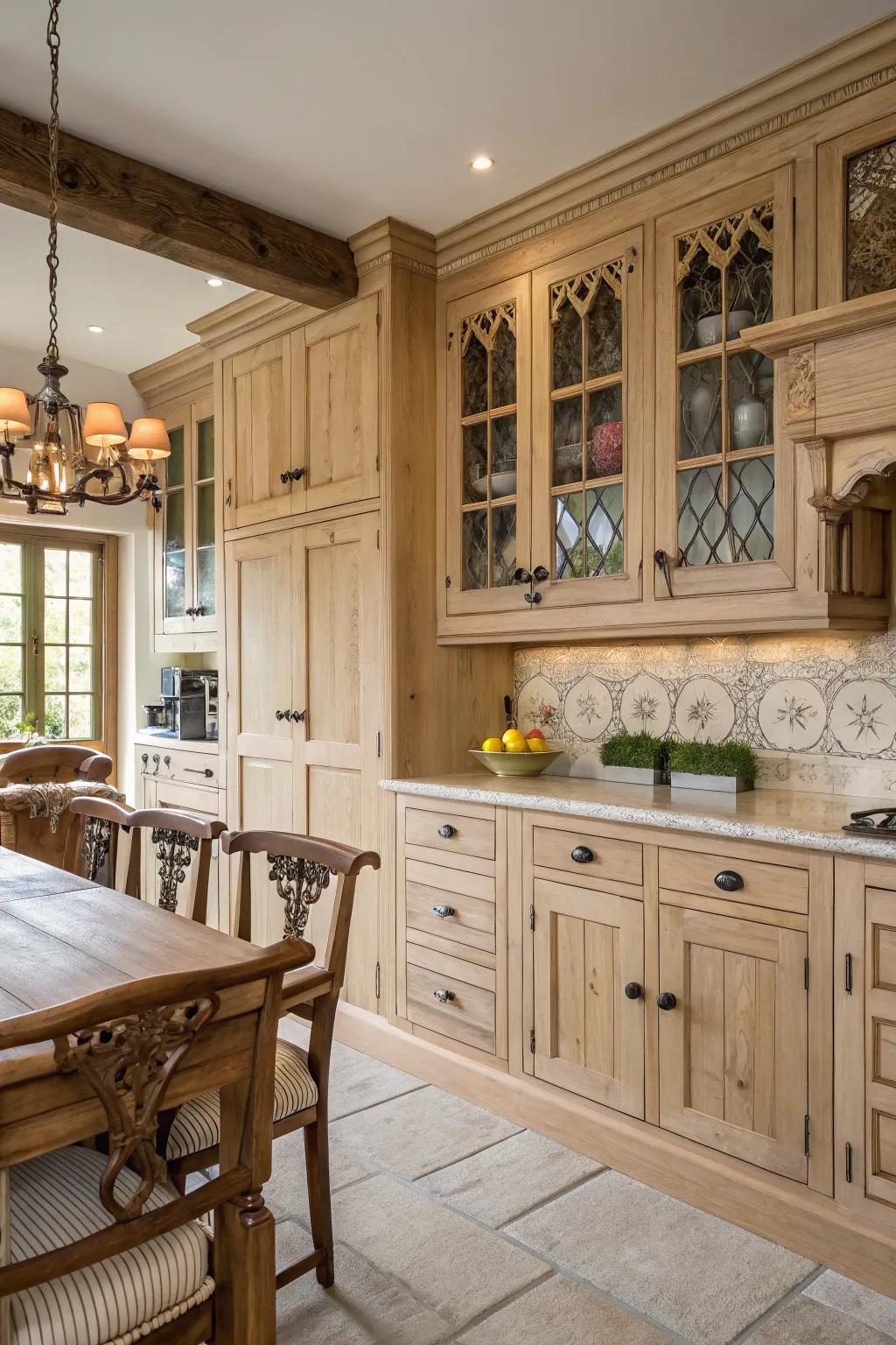 Detailed craftsmanship enhances light wood cabinets in farmhouse kitchens.