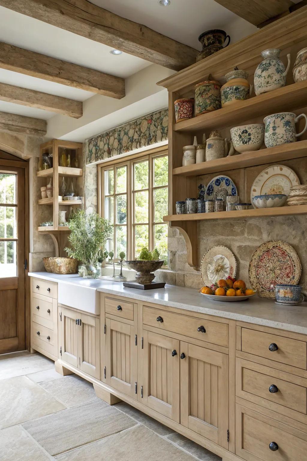 Open shelves paired with light wood cabinets create an airy kitchen feel.