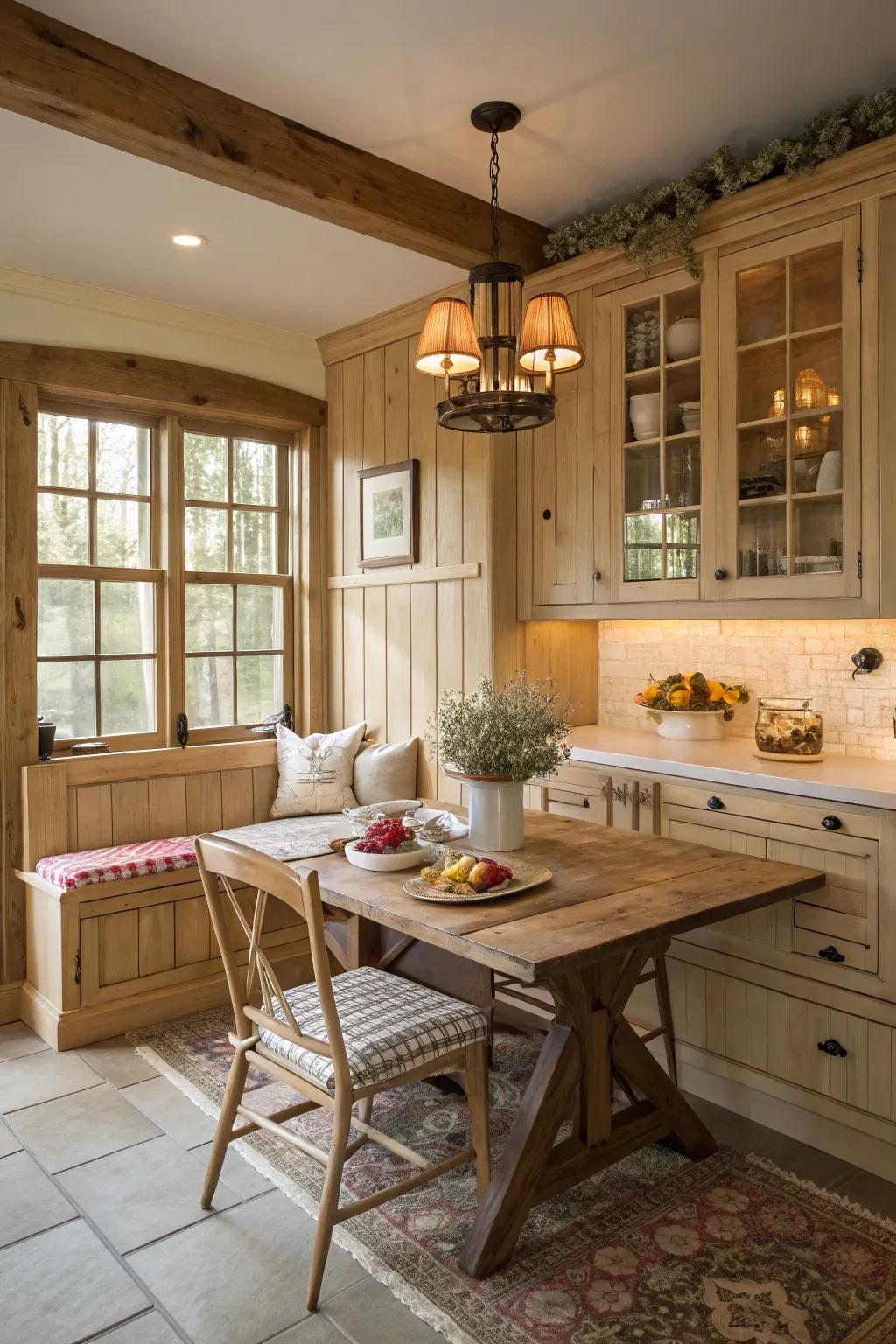 A cozy breakfast nook complements light wood cabinets in farmhouse kitchens.