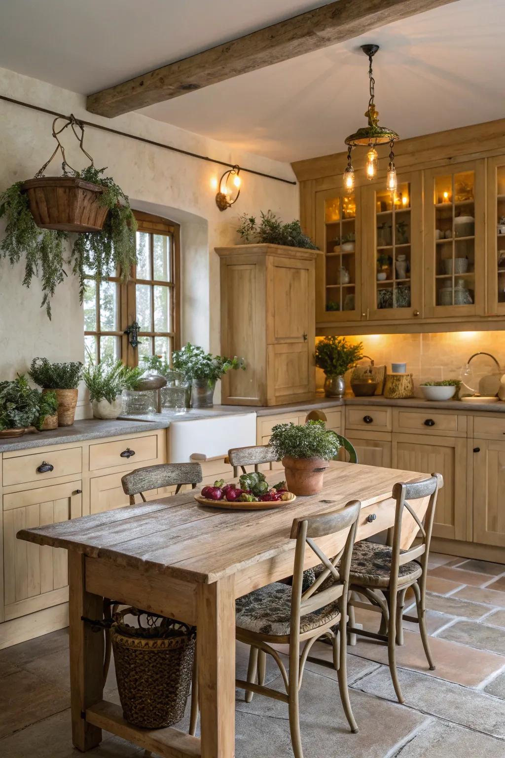 Vintage lighting adds character to kitchens with light wood cabinets.