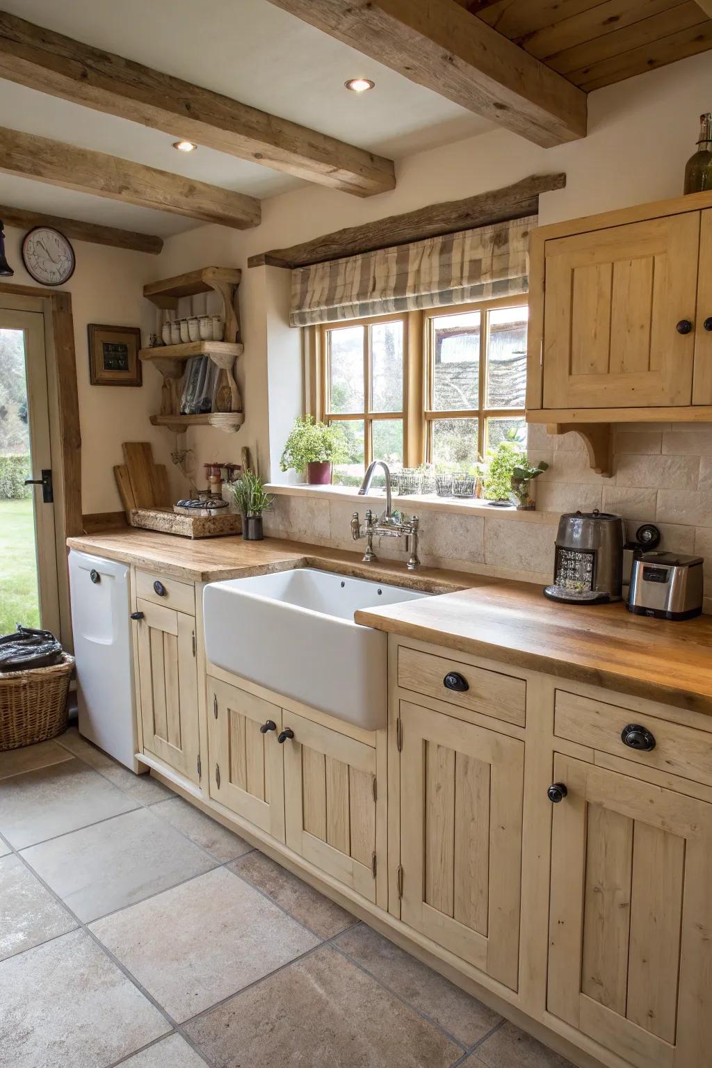 A farmhouse sink enhances the rustic appeal of light wood cabinets.