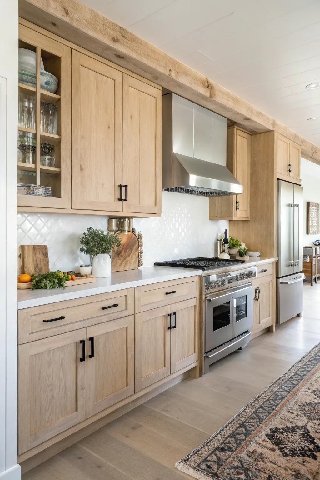 Modern appliances contrast beautifully with light wood cabinets in farmhouse kitchens.