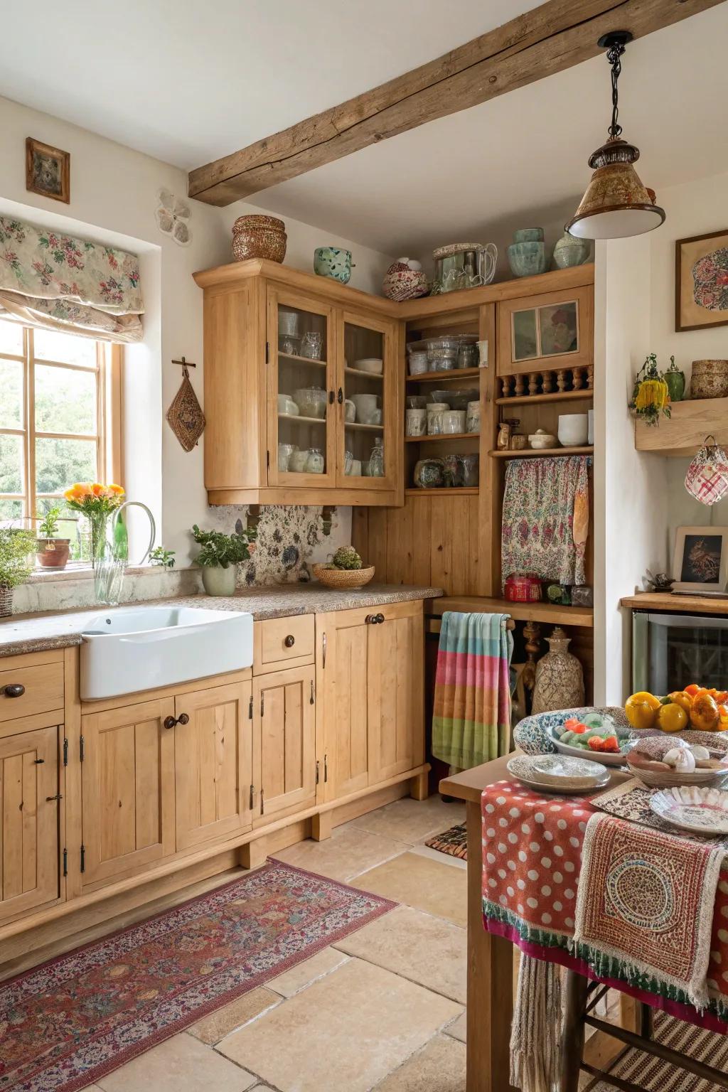 Eclectic decor adds personality to kitchens with light wood cabinets.
