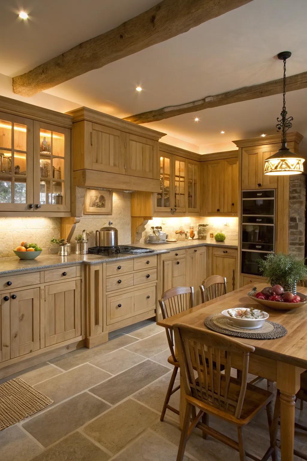Under-cabinet lights accentuate the beauty of light wood cabinets.