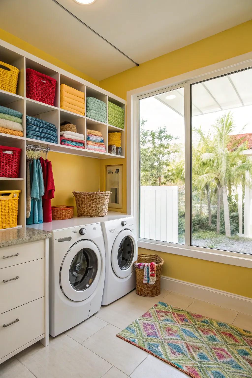 Natural sunlight flooding a laundry room creates an airy and welcoming atmosphere.
