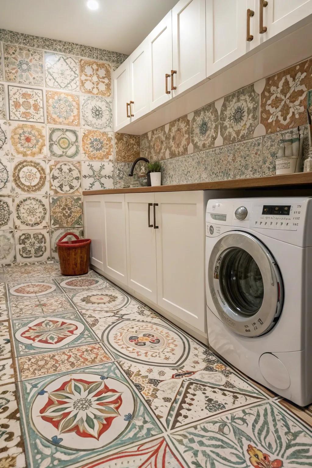 Intricate tile patterns inspired by Mediterranean motifs add character to laundry rooms.