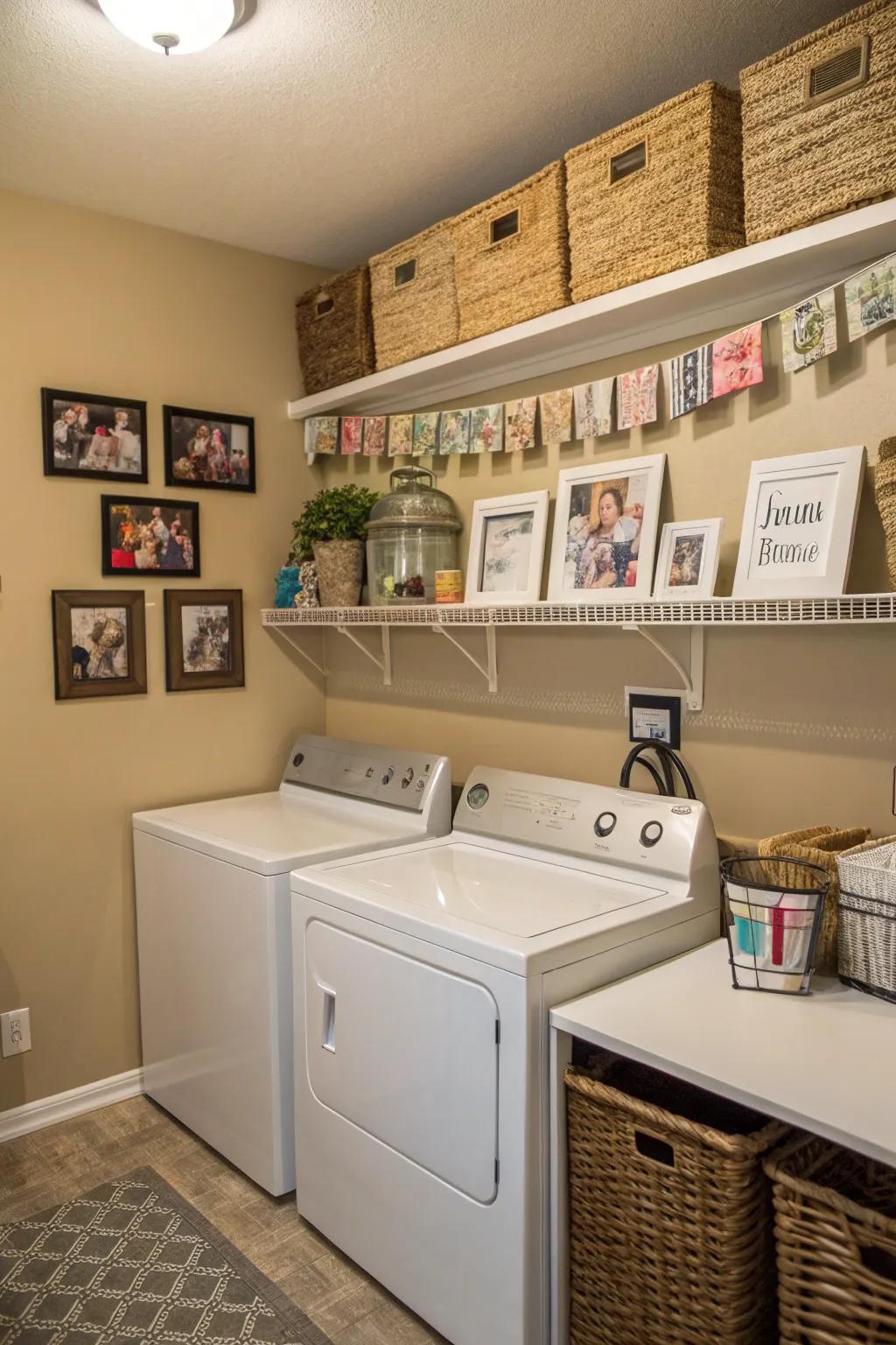 Family photos and personalized labels add warmth and character to the laundry room.
