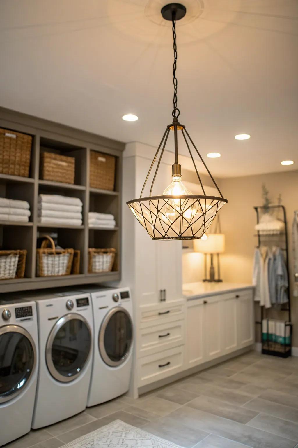 Elegant pendant light enhances the laundry room's atmosphere.