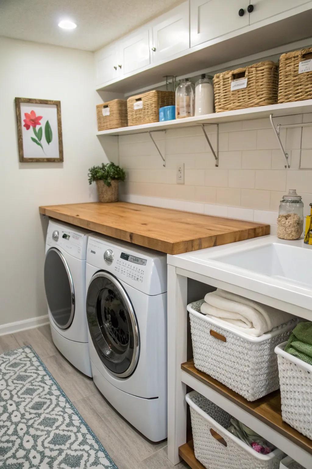 Wooden folding surface adds warmth and practicality to the laundry room.