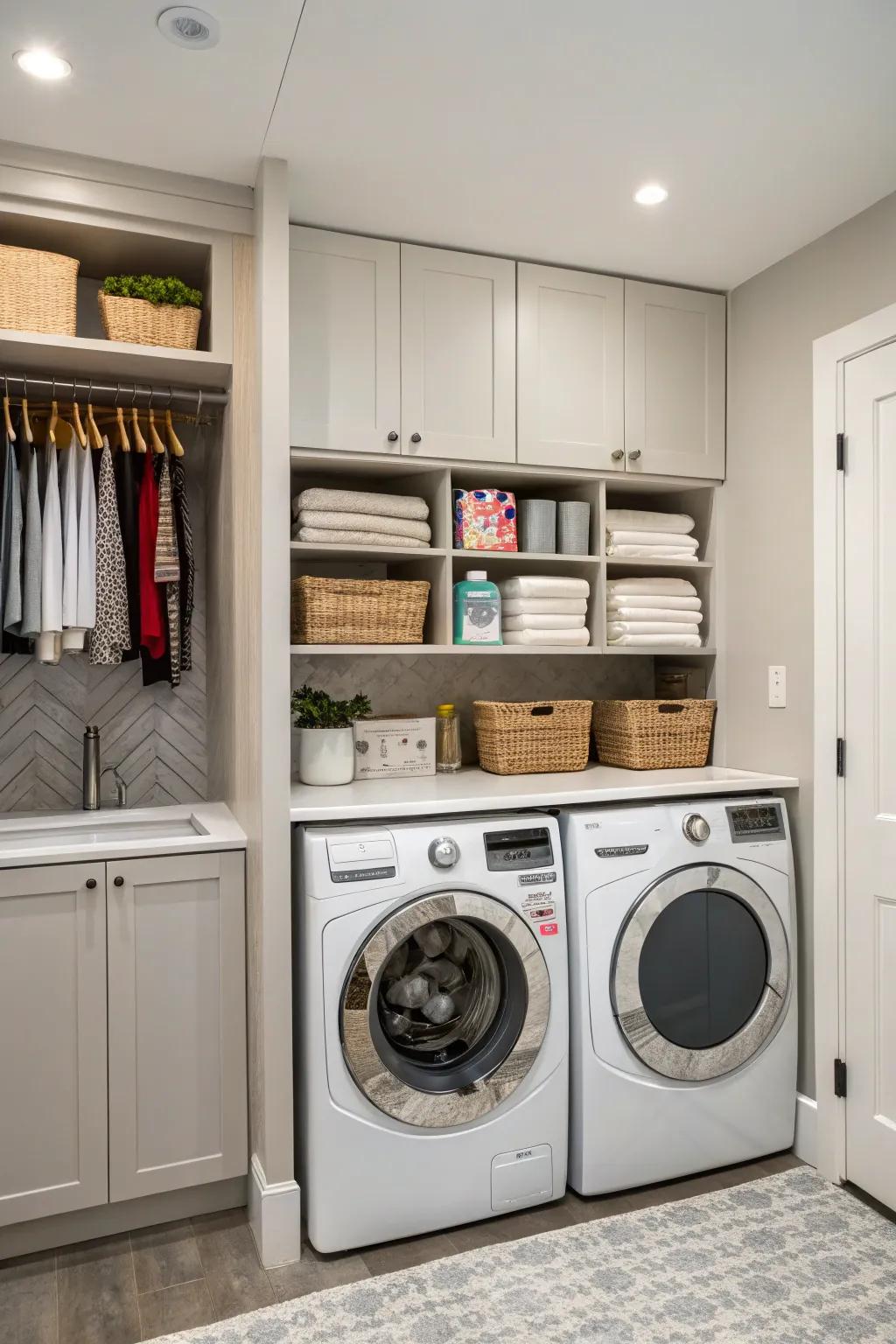 Hidden cabinets maintain a clean and streamlined laundry room look.