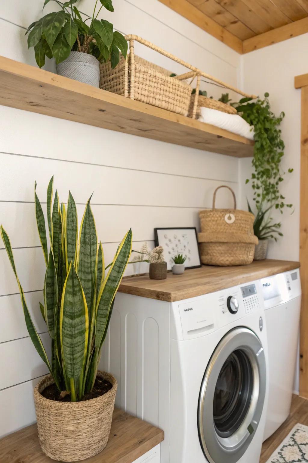 A snake plant adds a refreshing natural element to the laundry room.