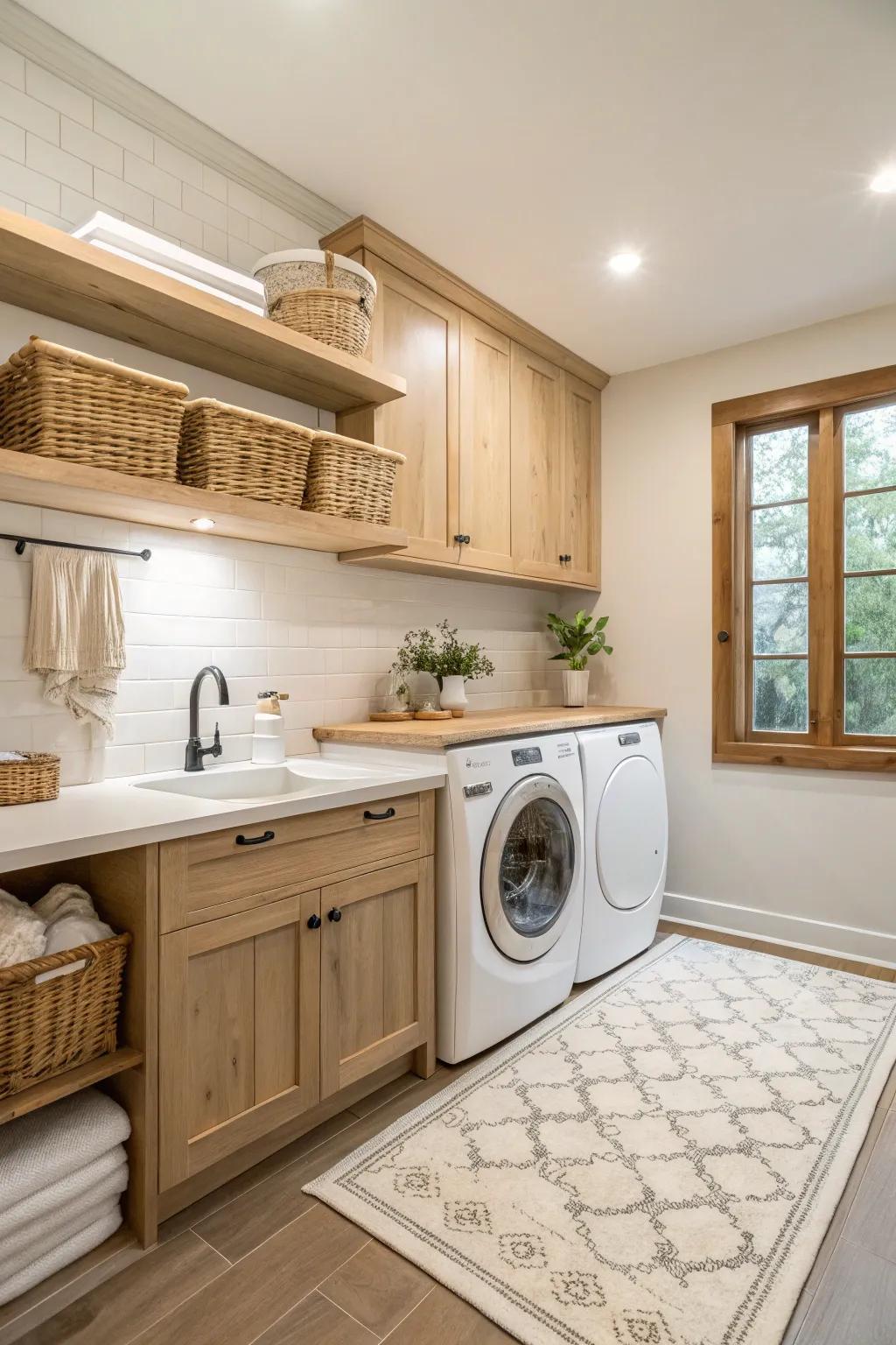 Soft neutral tones paired with natural wood create a peaceful laundry environment.