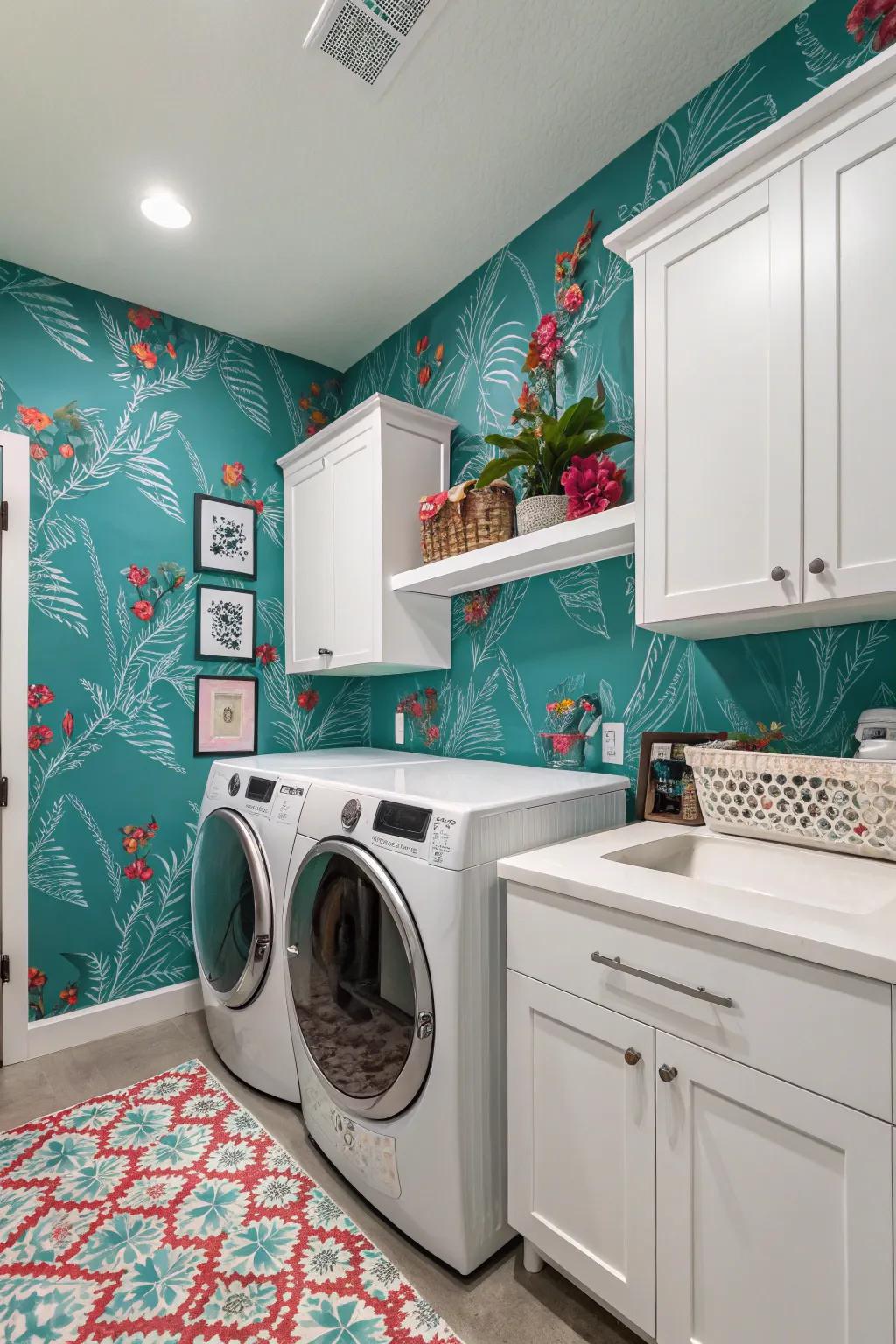Bright teal walls energize and refresh the laundry room ambiance.