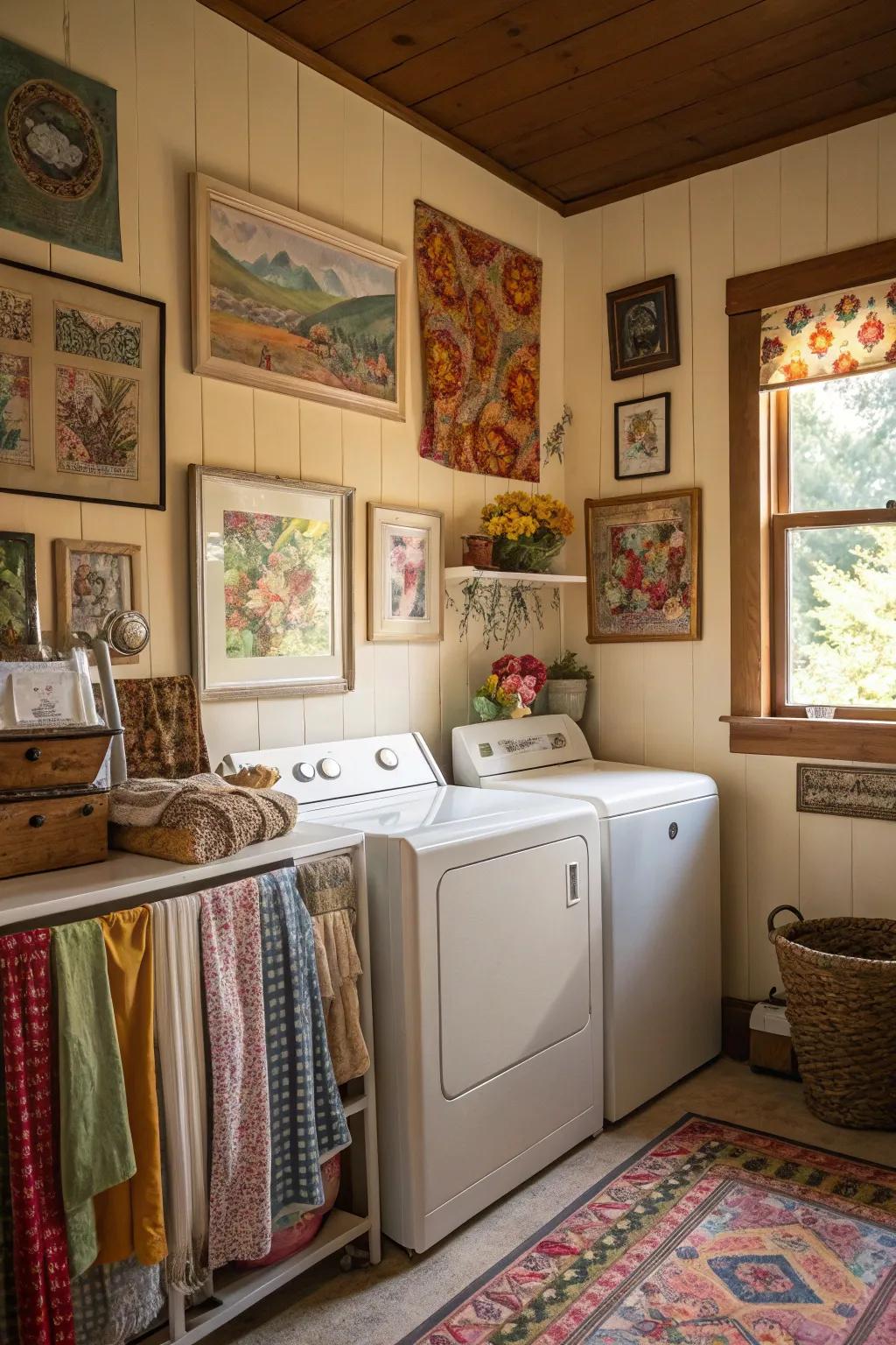 Classic artwork adds nostalgic charm to the laundry room.