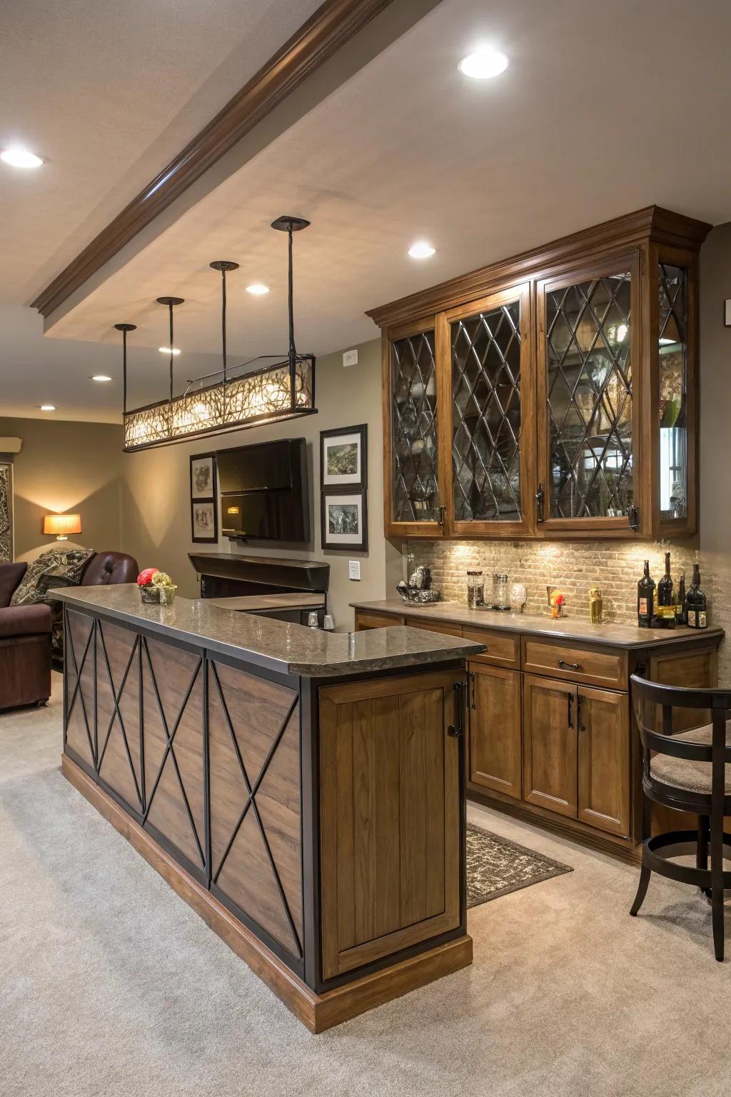 Mix materials for a striking wet bar design.