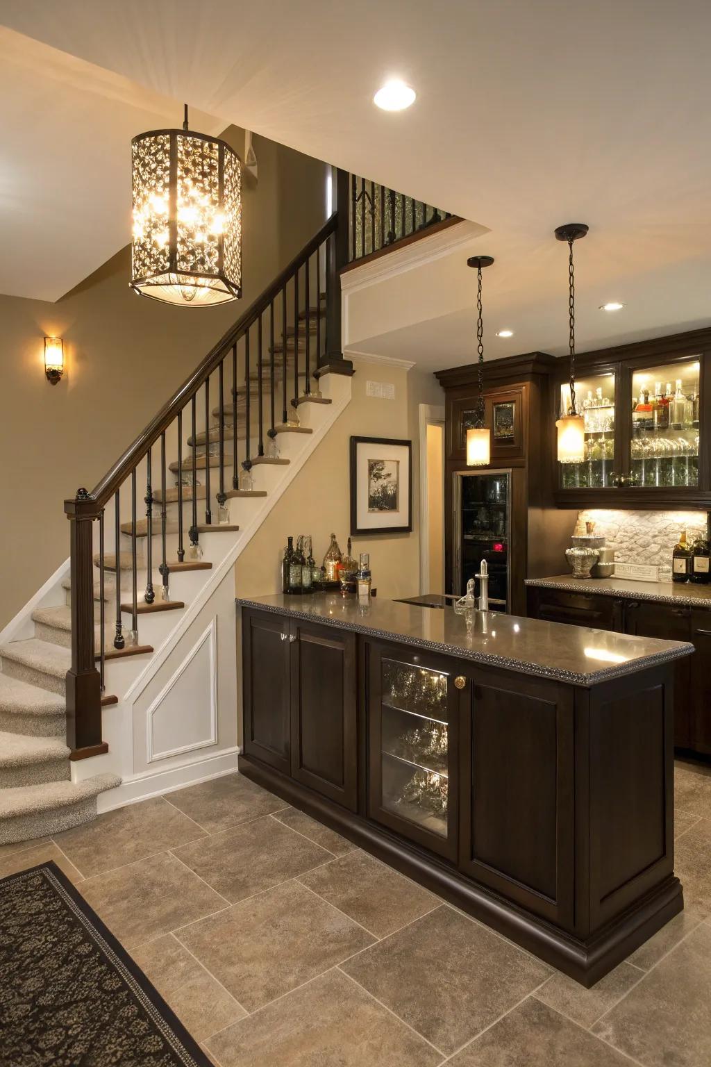 Transform under-stair space into a wet bar.