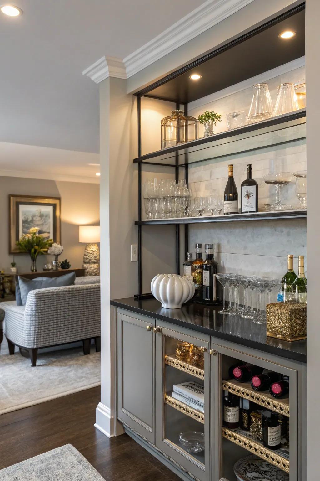 Enhance your bar with open shelving.