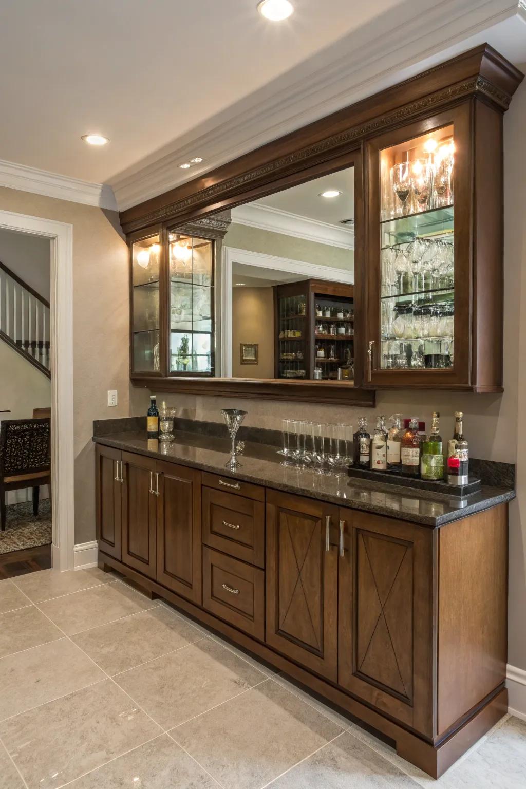 Brighten your wet bar with mirrored backsplash.