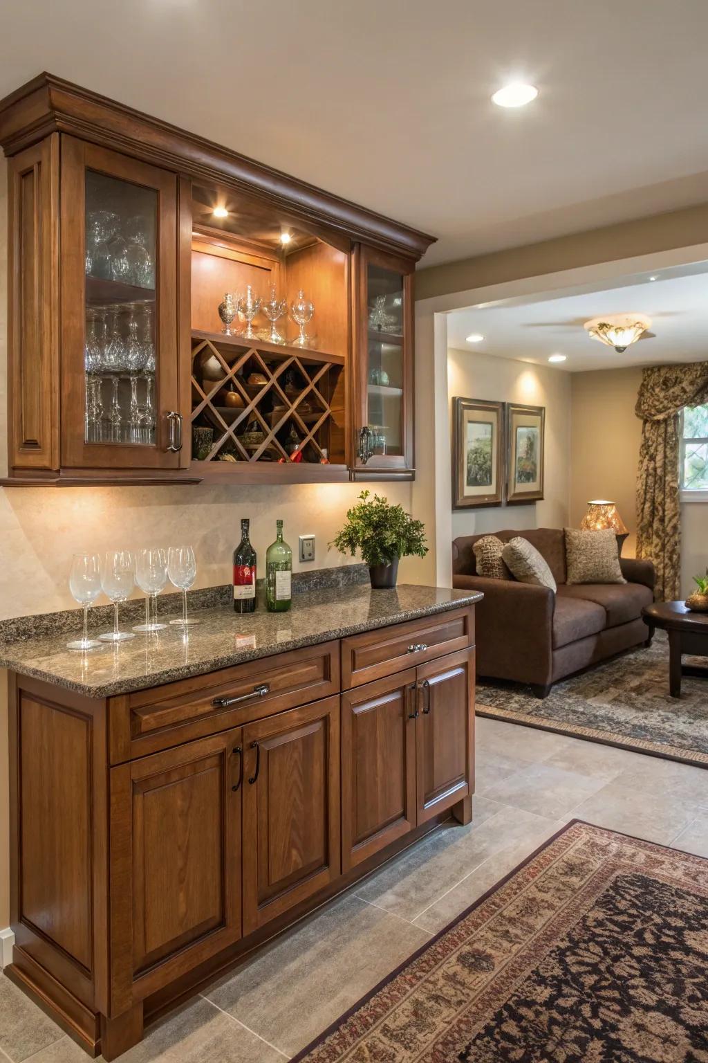 Optimize small spaces with a corner wet bar.