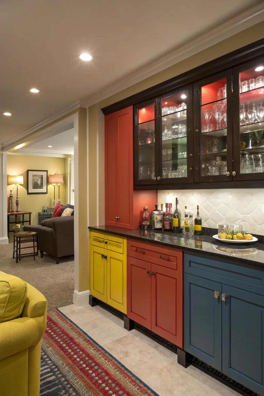 Add vibrancy with colorful cabinets.