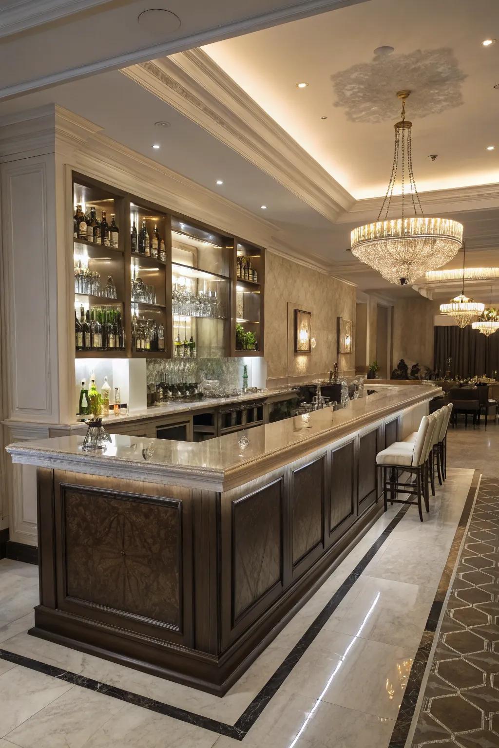 Upgrade your bar with beveled-edge countertops.