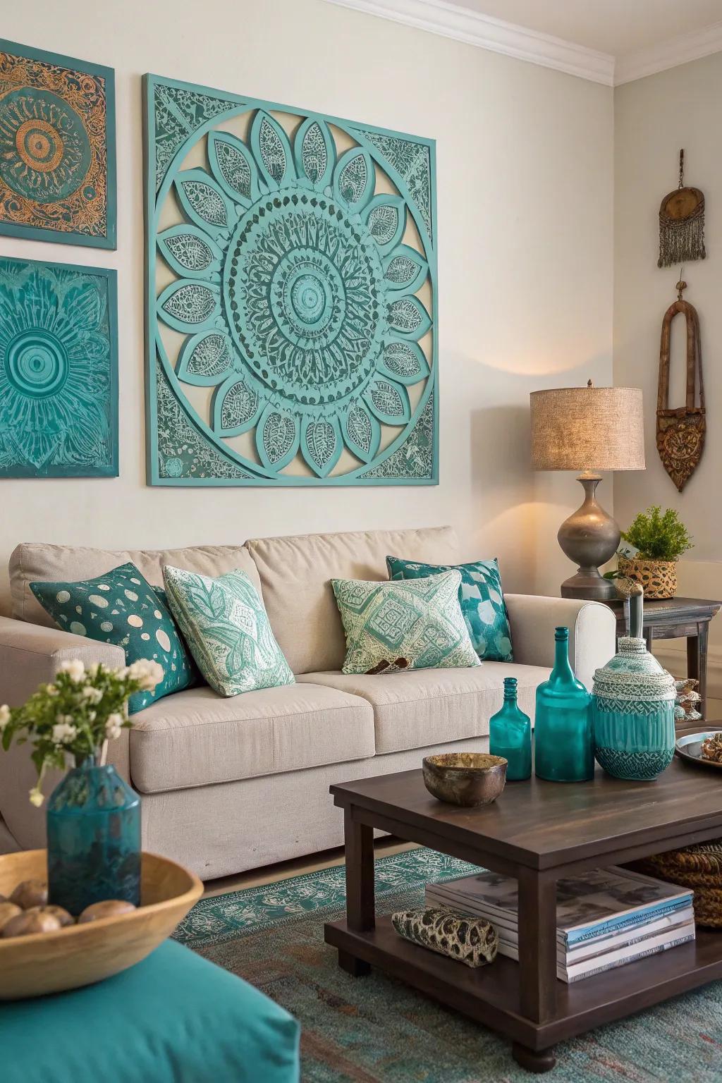 Teal and turquoise wall art enhances the room's color narrative.