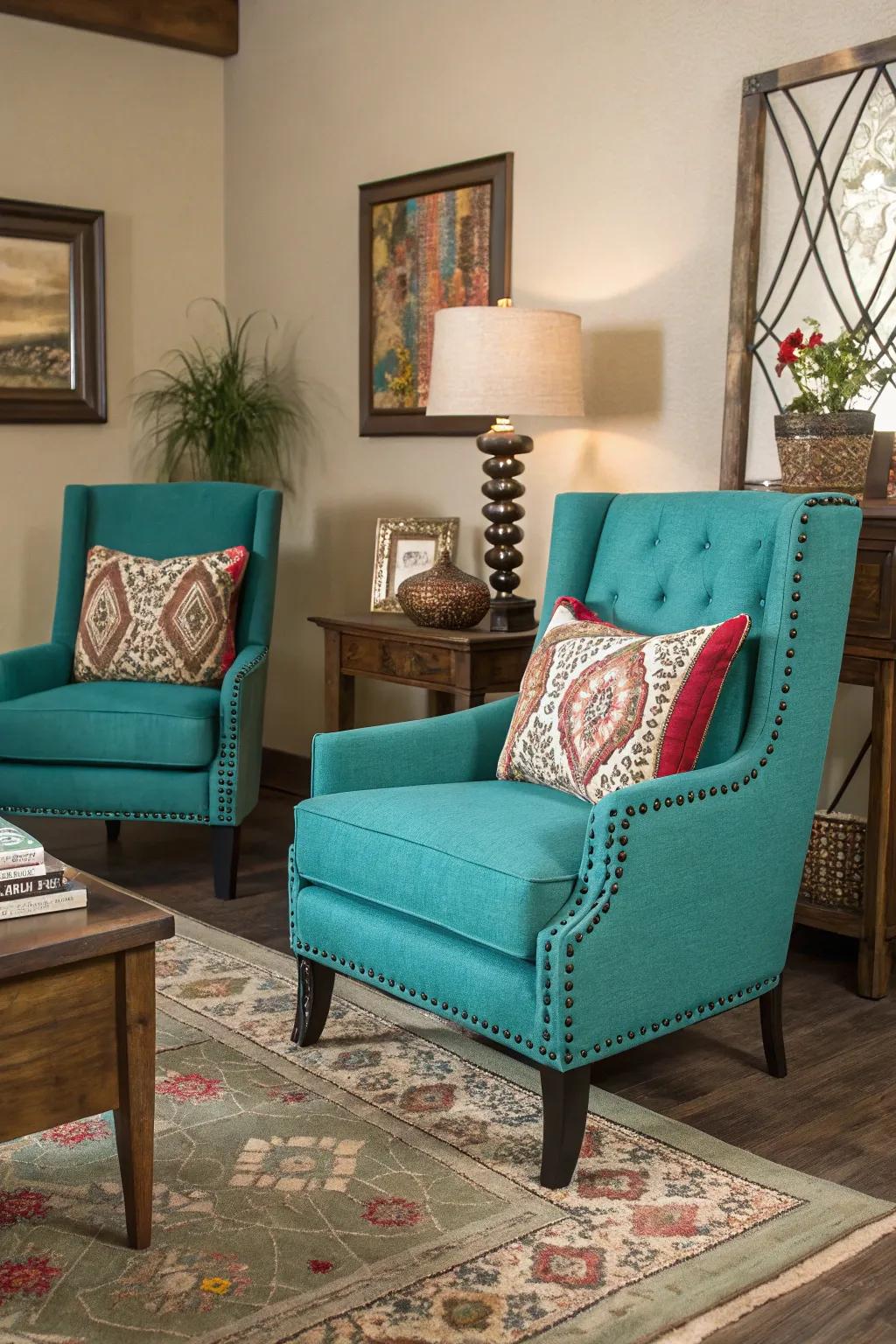 Turquoise accent chairs provide a vibrant pop of color without overpowering the room.