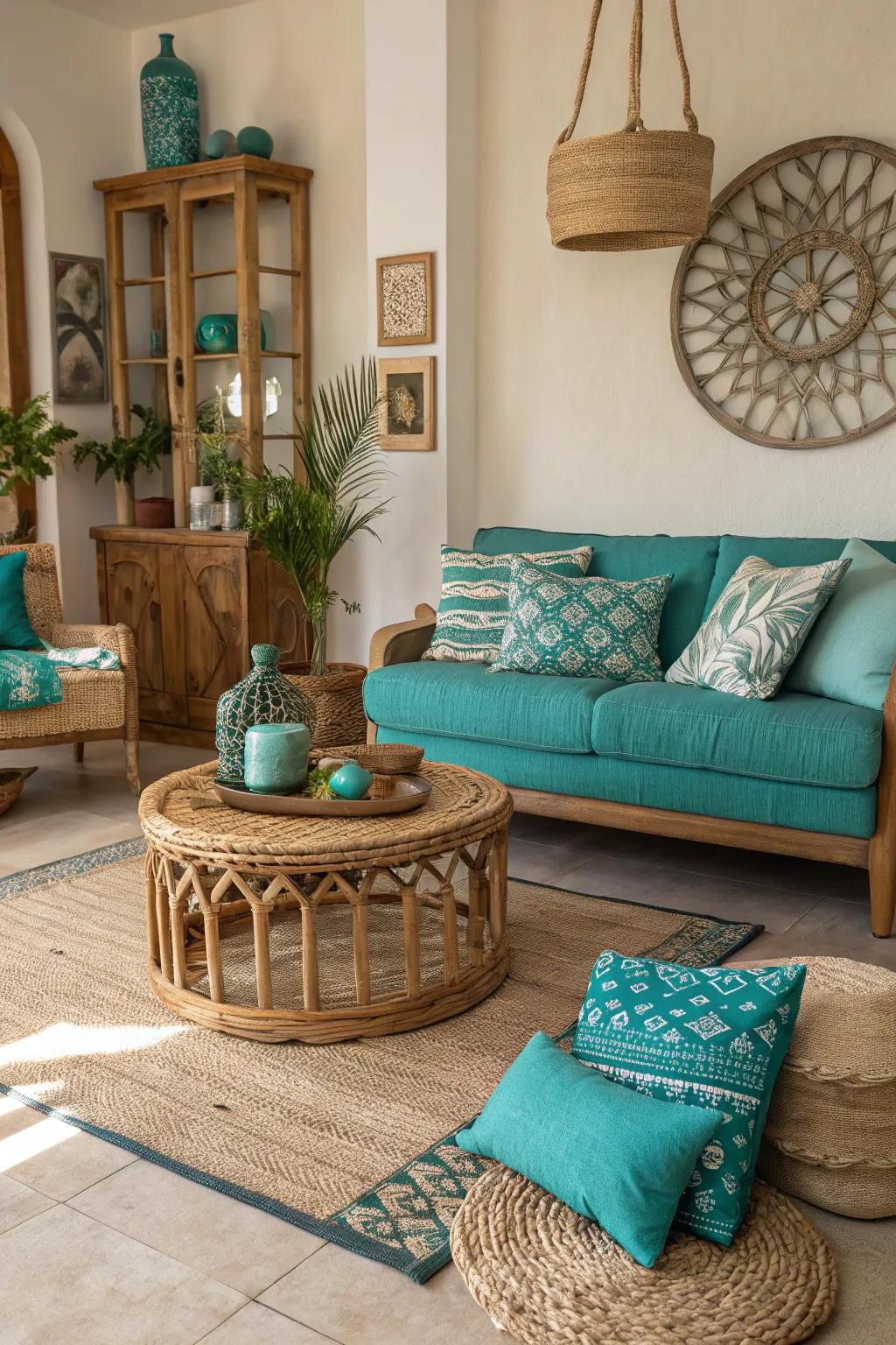 Natural materials blend seamlessly with teal and turquoise for a grounded feel.