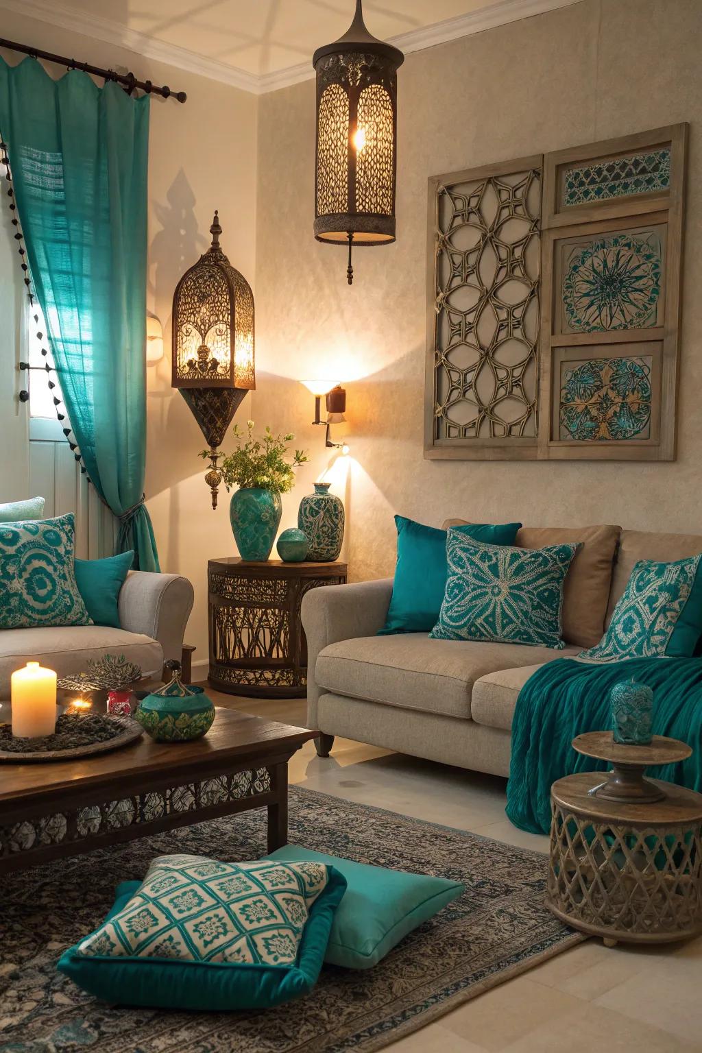 Layered lighting techniques enhance the beauty of teal and turquoise shades.