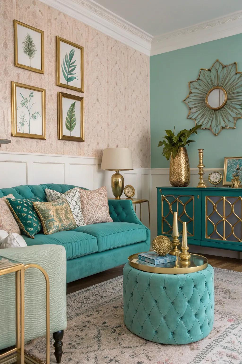 Metallic accents enhance the glamour of teal and turquoise interiors.