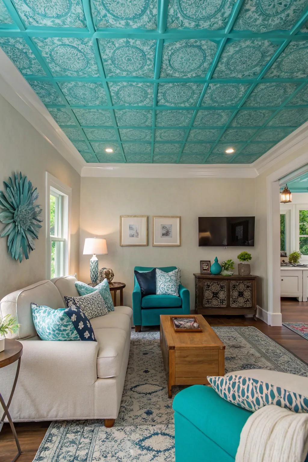 A turquoise ceiling adds a surprising artistic flair to the room.