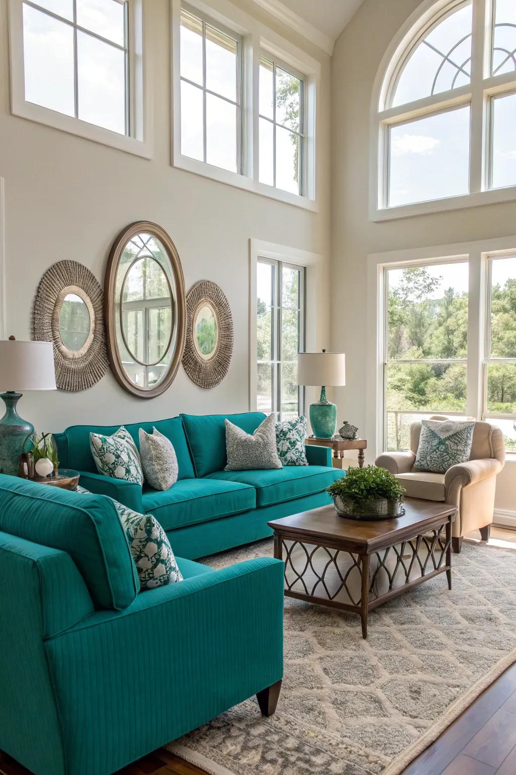 Natural light enhances the vibrancy of teal accents in the living room.