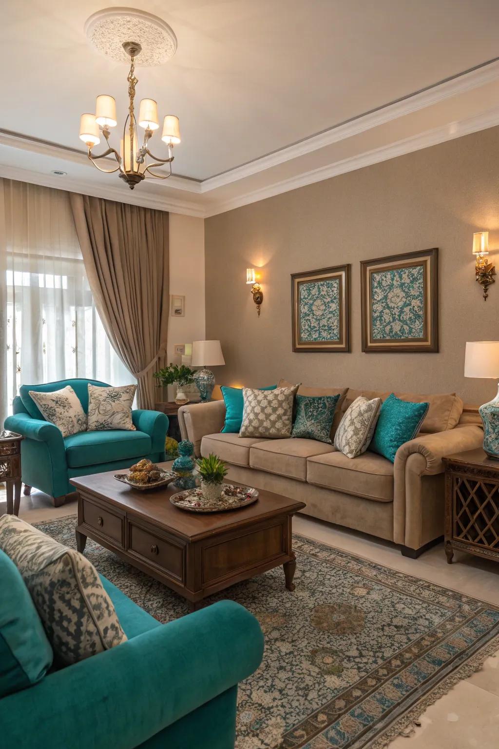 Warm taupe complements teal to create a calm and elegant space.