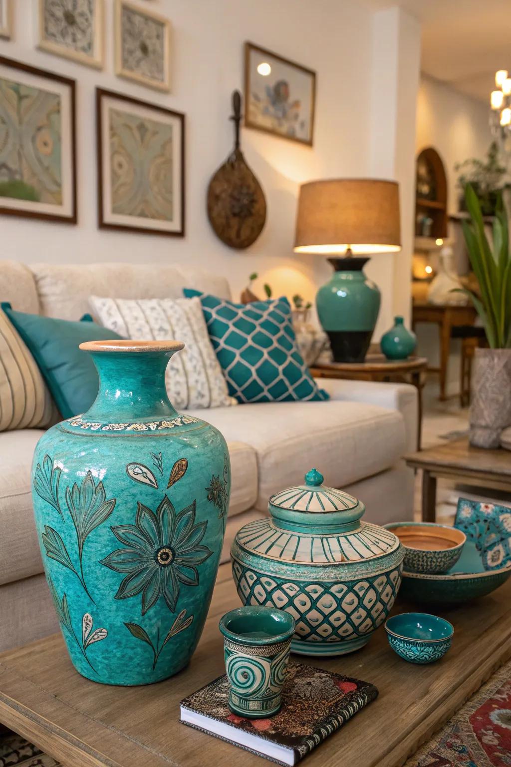 Handcrafted pottery in teal and turquoise adds artistic personality.