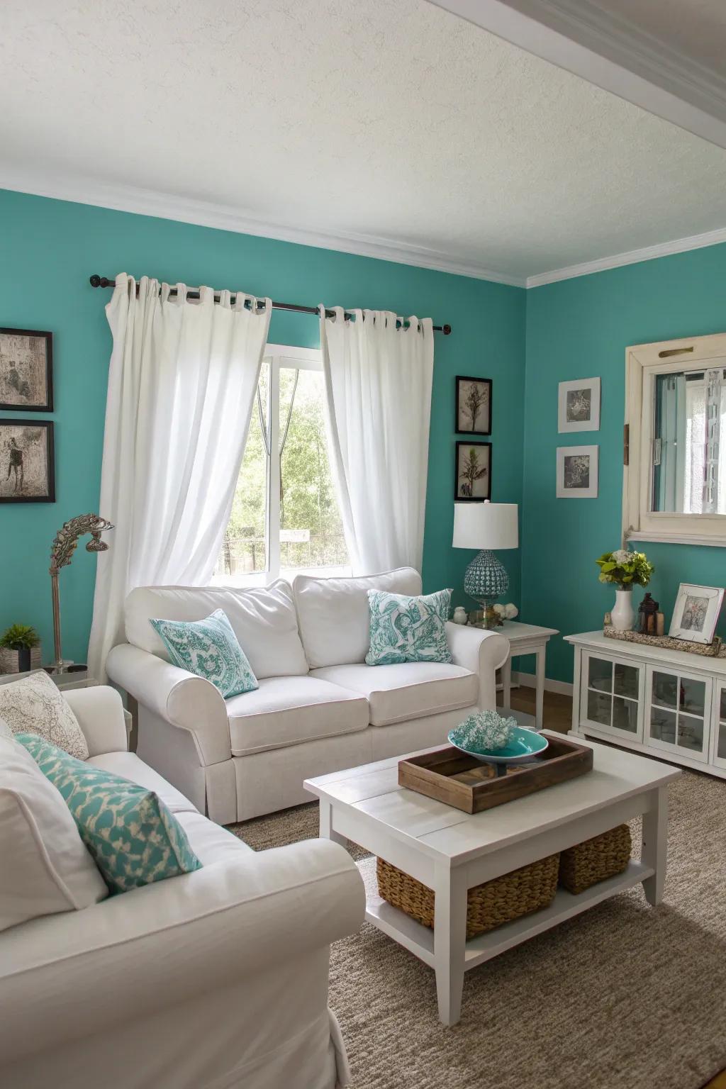 Teal walls create a dramatic backdrop balanced by crisp white accents.