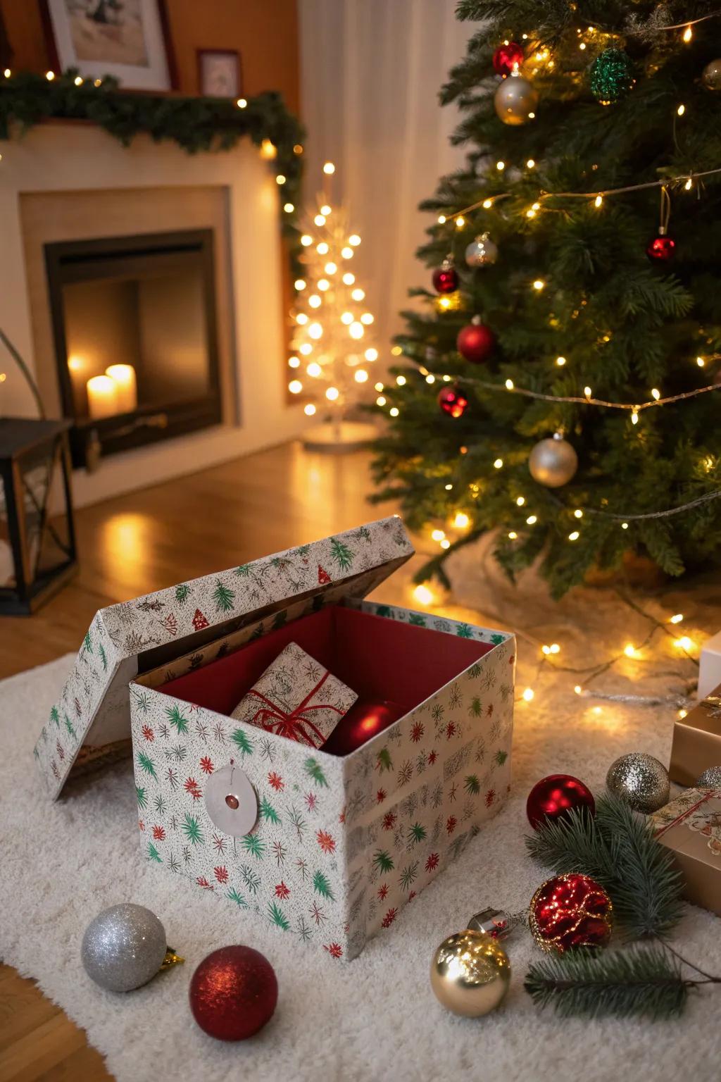 A Santa box featuring a secret compartment adds intrigue and delight.
