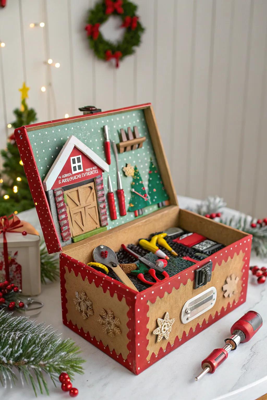A gift box designed to resemble Santa's bustling workshop.