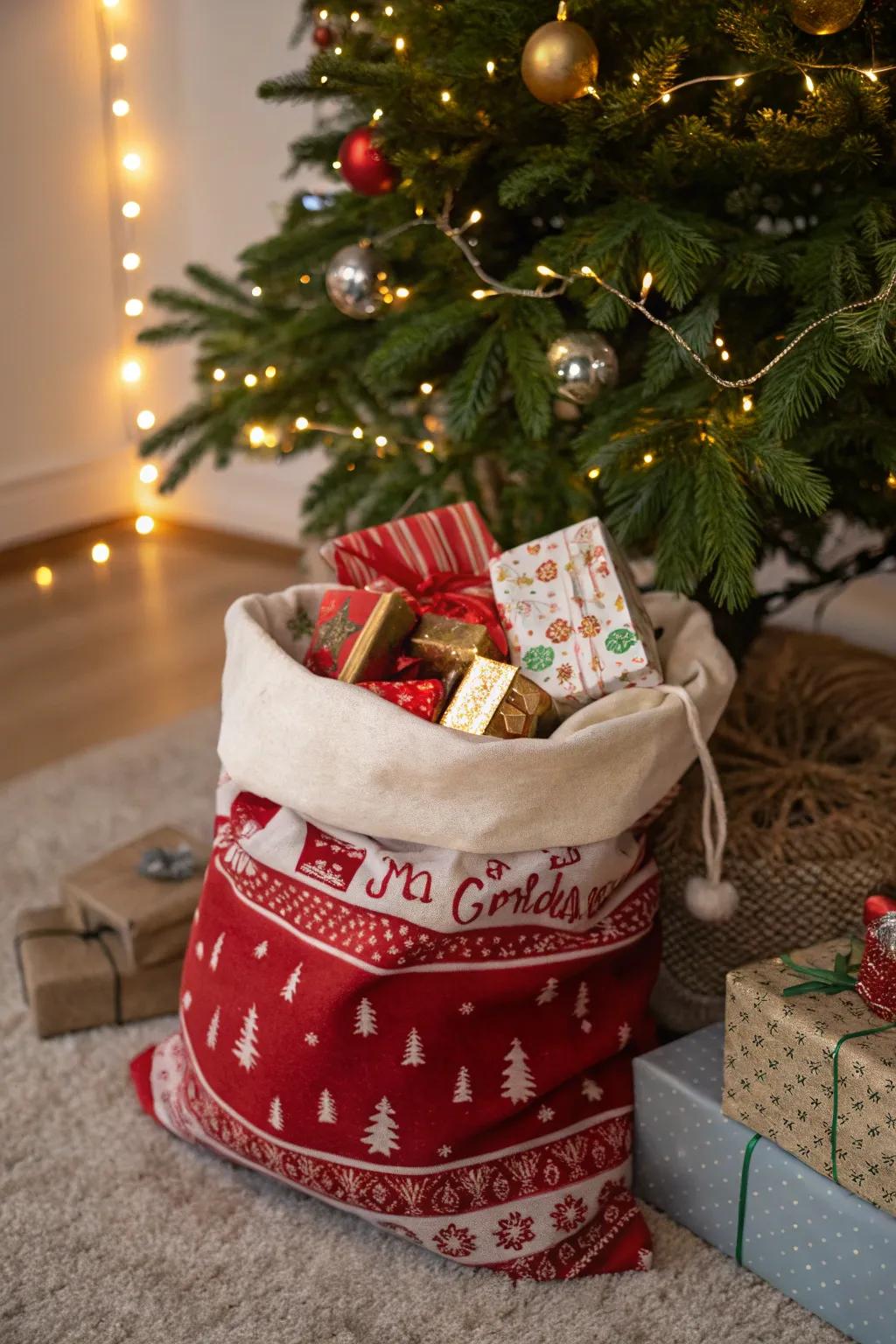 A gift box styled as Santa's sack, brimming with mini presents.