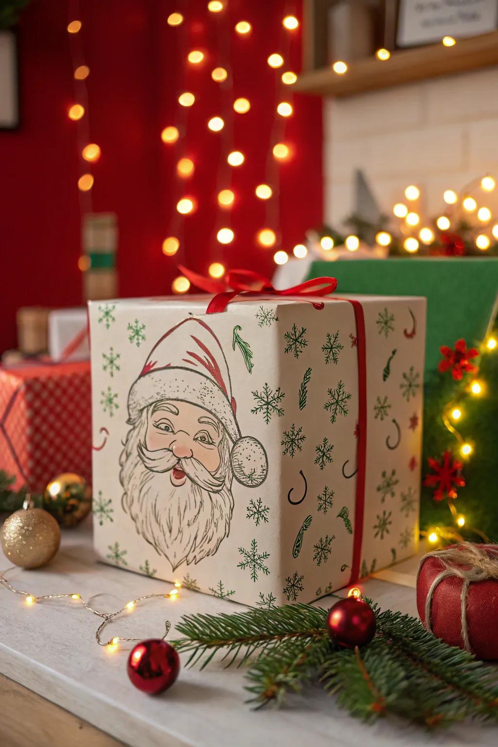A gift box topped with a cheerful Santa face for a personalized touch.