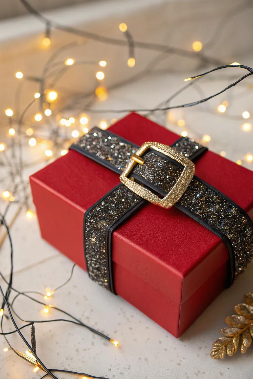 A Santa belt design with shimmering accents adds festive sparkle.