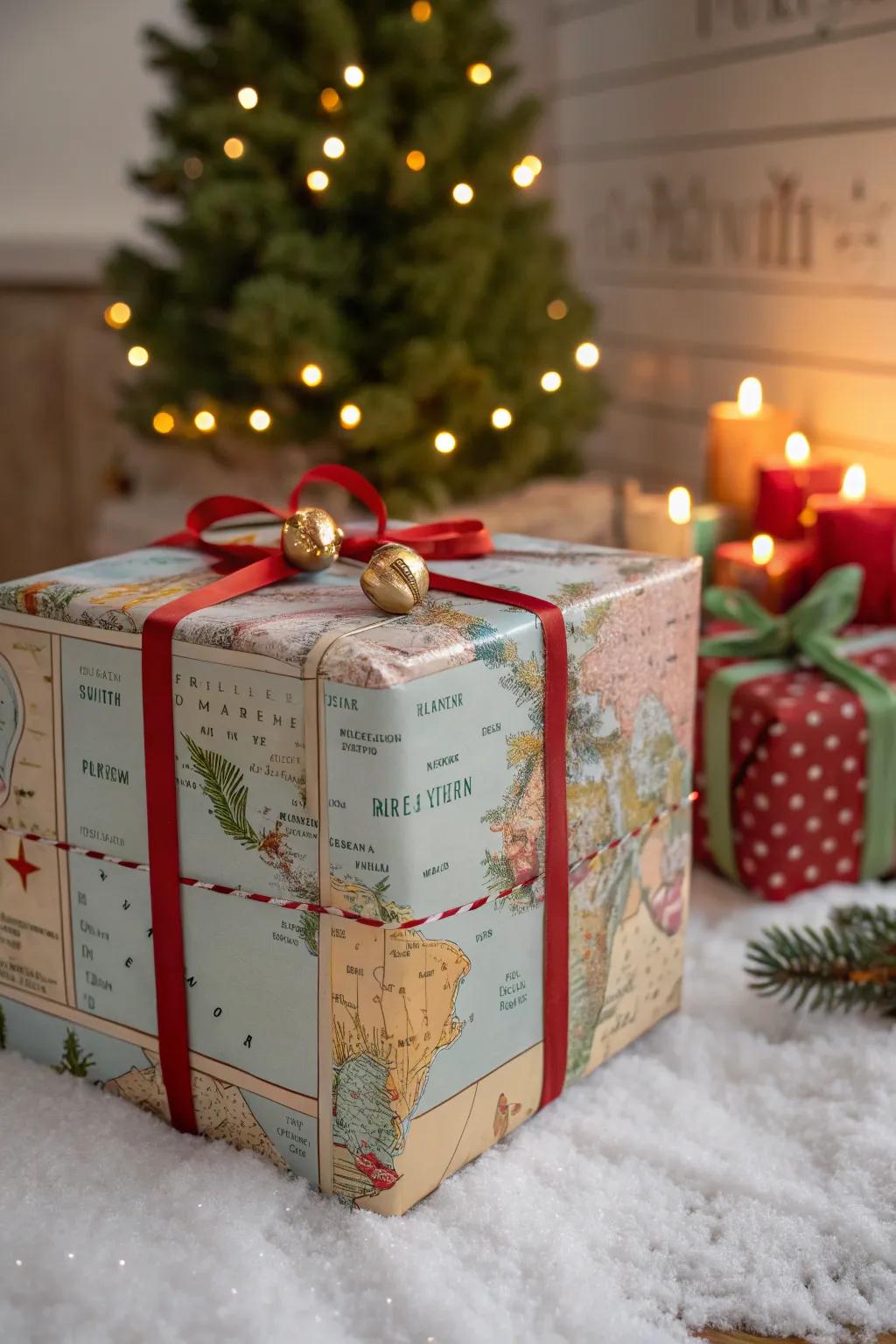 A gift box featuring a map of Santa's route, sparking storytelling and wonder.
