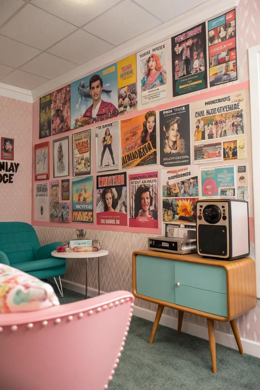 Collage of 80s movie posters and magazine clippings on a pinboard.