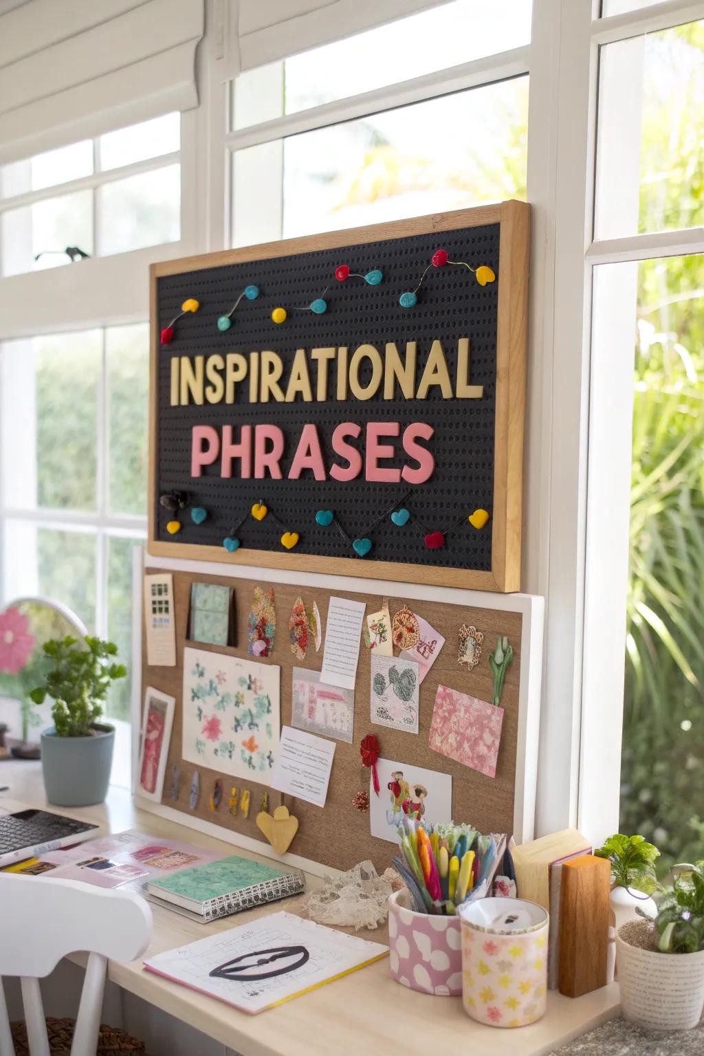 Colorful motivational quotes displayed on a pinboard.