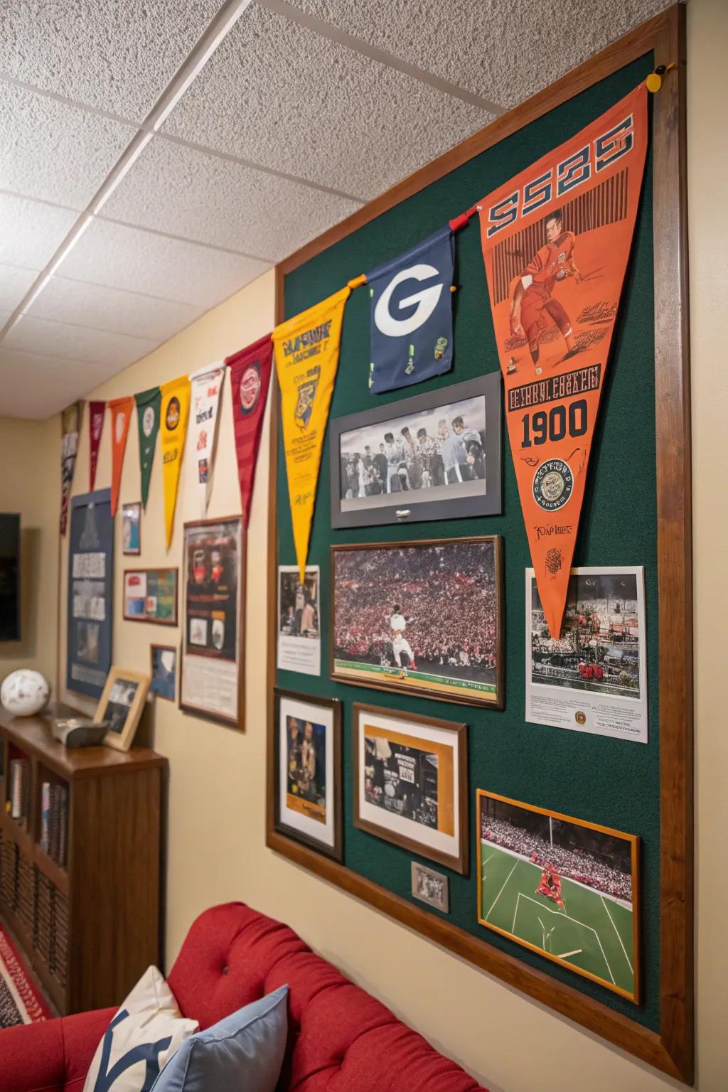 Sports-themed pinboard featuring 80s memorabilia.