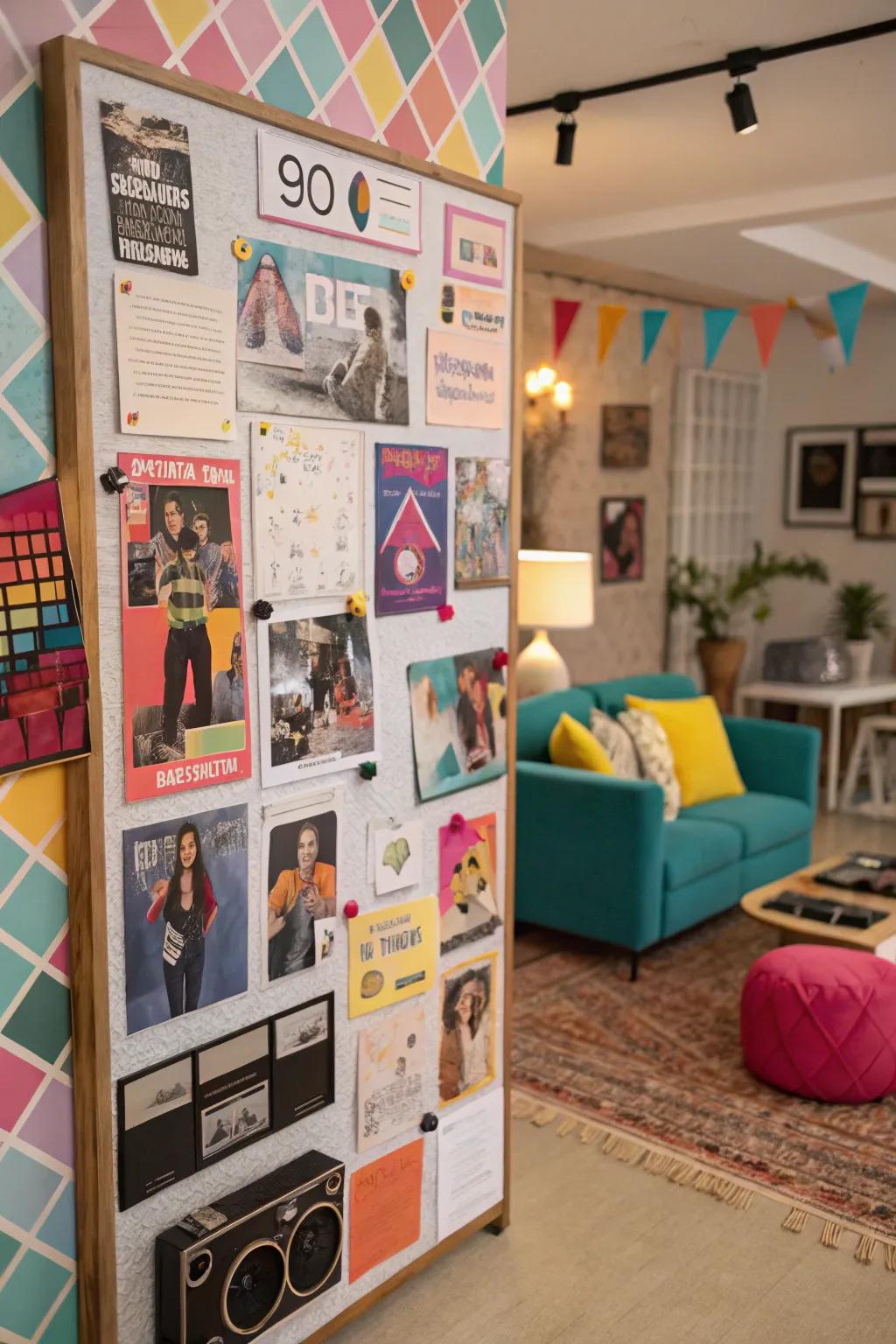 A colorful bulletin board combining various 80s themes.