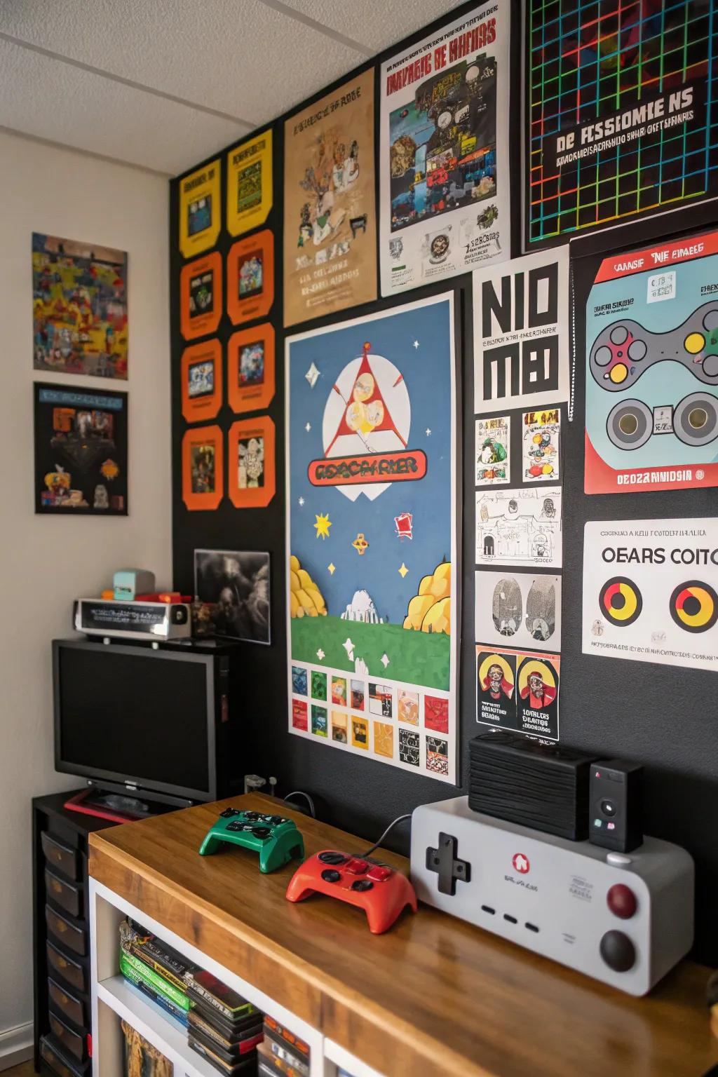 Pinboard featuring retro video game graphics and memorabilia.
