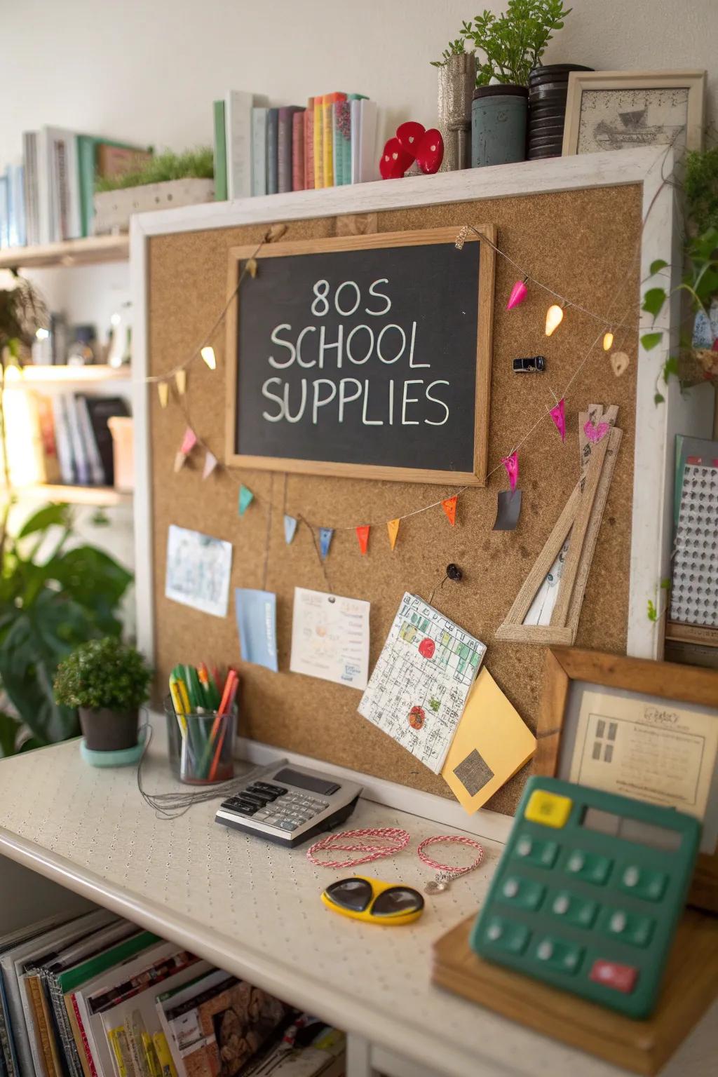 Back-to-school themed pinboard with vintage school supplies.