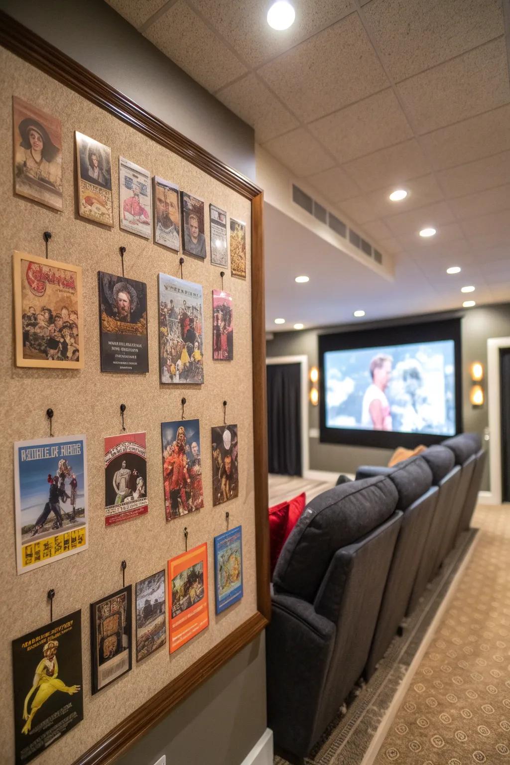 Classic 80s movie posters displayed on a home theater pinboard.